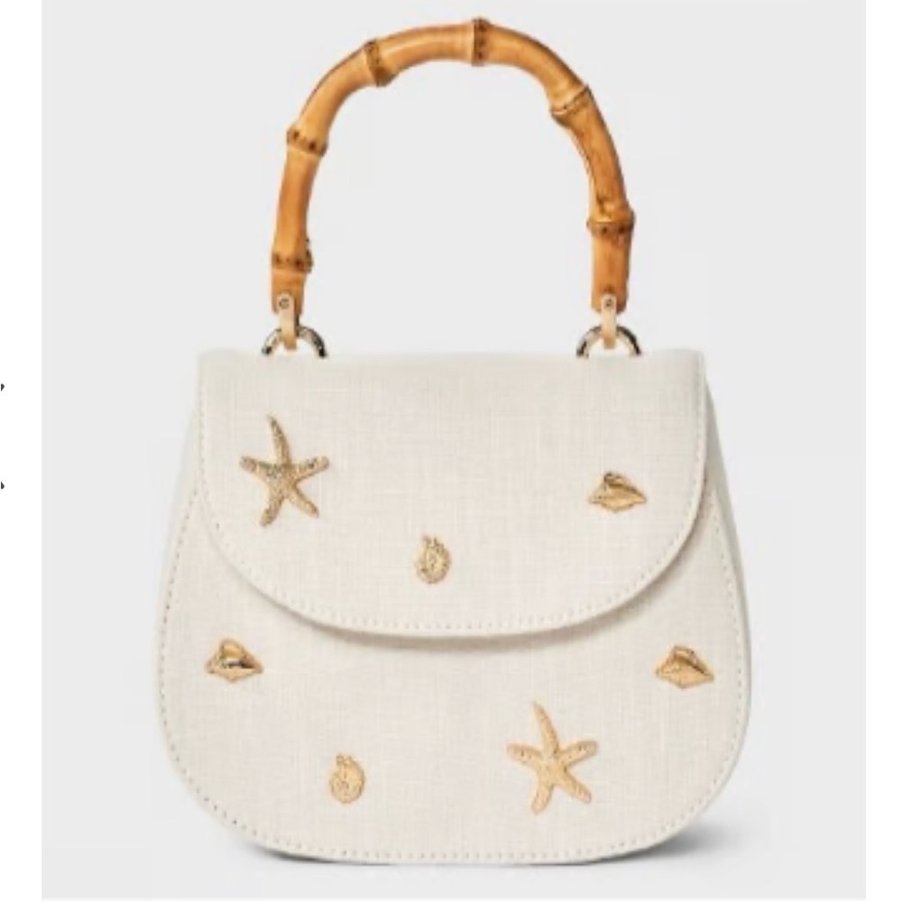 a new day Cream Mini Top-Handle Bag with Gold Embroidered Seashells